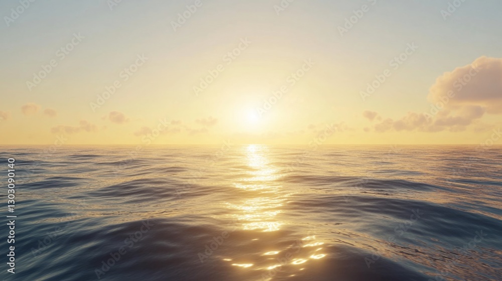 Obraz premium Ocean horizon at sunrise, golden light reflecting on the water, calm waves, peaceful seascape