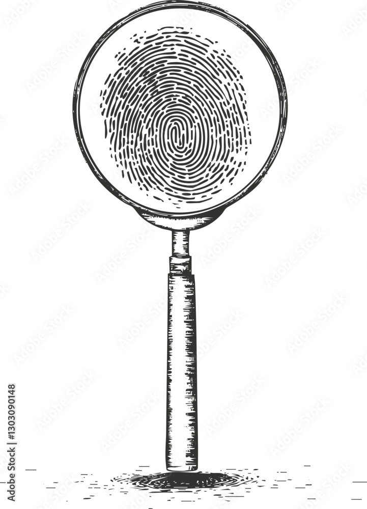 Illustration of a magnifying glass with a fingerprint on the lens. Illustration of a magnifying glass with a fingerprint on the lens.