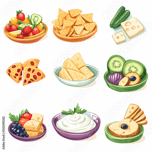 Cartoon food arrangement with chips, cheese, fruit bowls, and sour cream