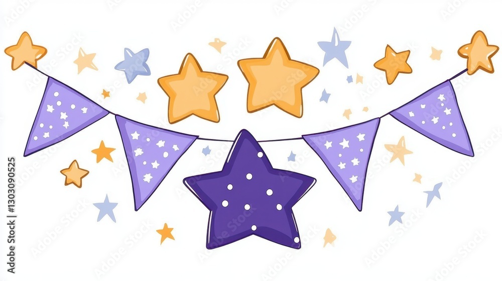 Obraz premium Purple and gold star garland with bunting flags on white background. Childlike drawing style, festive and celebratory theme. Perfect for invitations