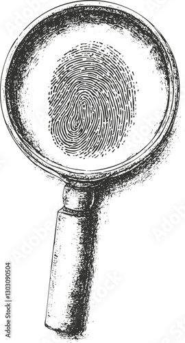 Magnifying glass focusing on a fingerprint illustration for forensic investigation.