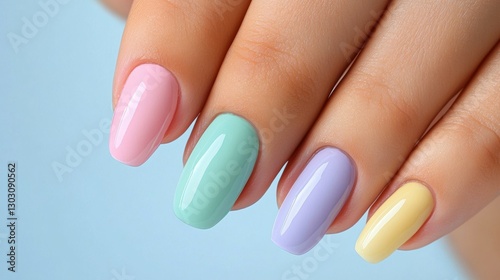 Pastel nail art manicure in soft focus for beauty and fashion design photo