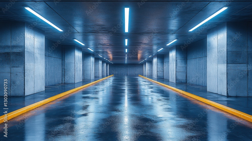 Fototapeta premium Modern underground parking with blue lights and reflective wet floor
