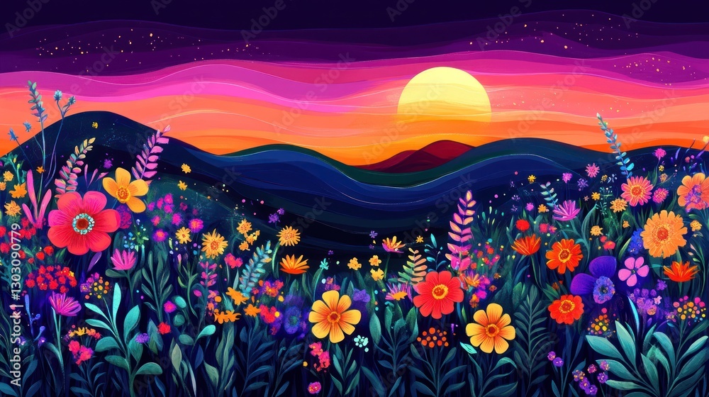Fototapeta premium Vibrant sunset over colorful wildflowers and rolling hills.