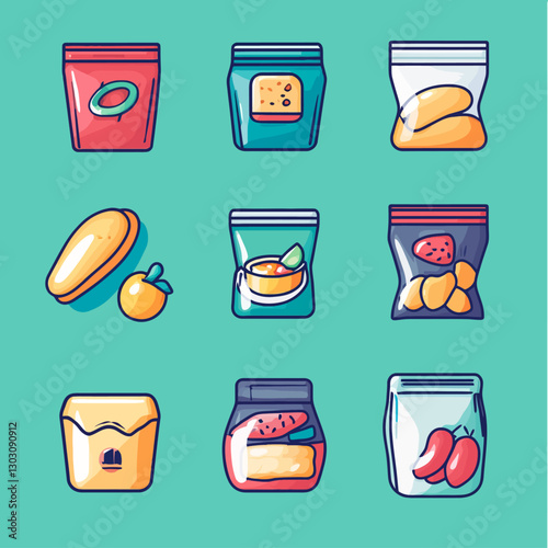 Colorful Cartoon Food Icons in Reusable Ziplock Bags on Teal Surface