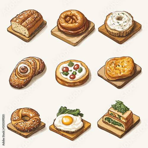 Variety of breads and pastries on wooden boards.