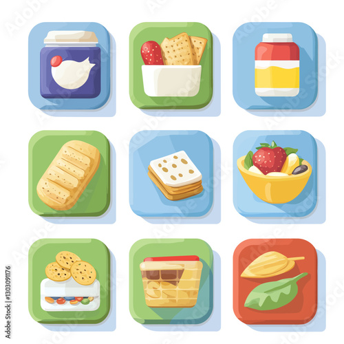 Cartoon fruit snacks and spreads including bread jam and crackers icon