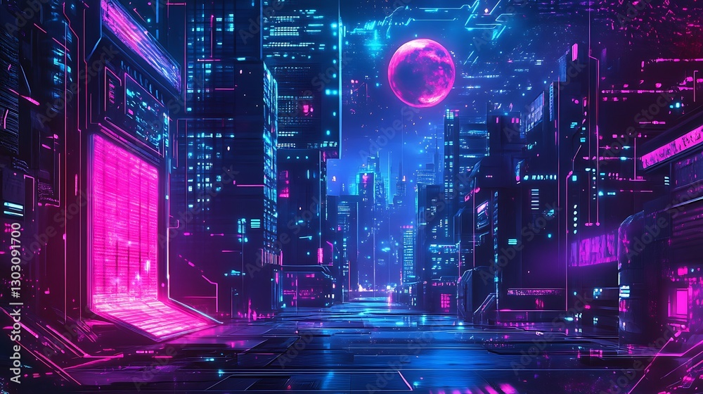 Obraz premium Neon Cityscape at Night: A Futuristic Digital Art