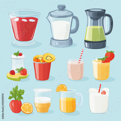 Assorted cartoon fruit smoothies and juices in various glasses on blue