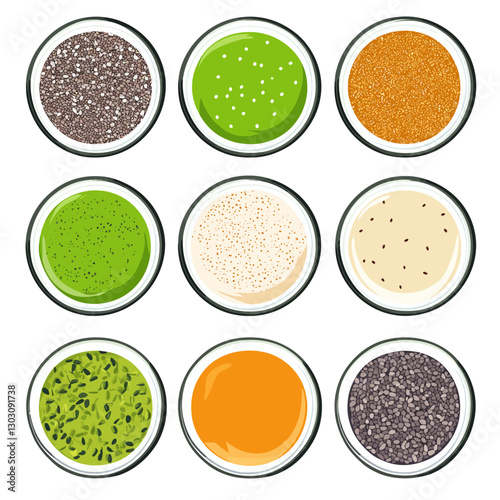 Nine bowls filled with various superfood ingredients on white background.