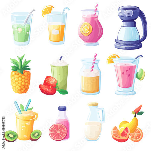 Colorful cartoon smoothie and juice illustration with various fruits