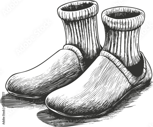 Vintage sketch of shoes with socks in a detailed monochrome style.