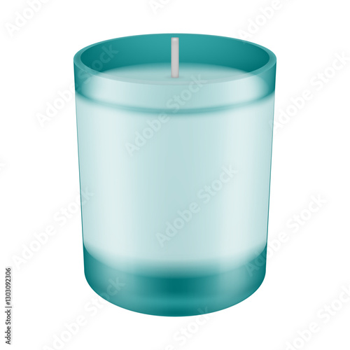 Mockup of a scented candle in a teal green glass holder. Candle in a jar	