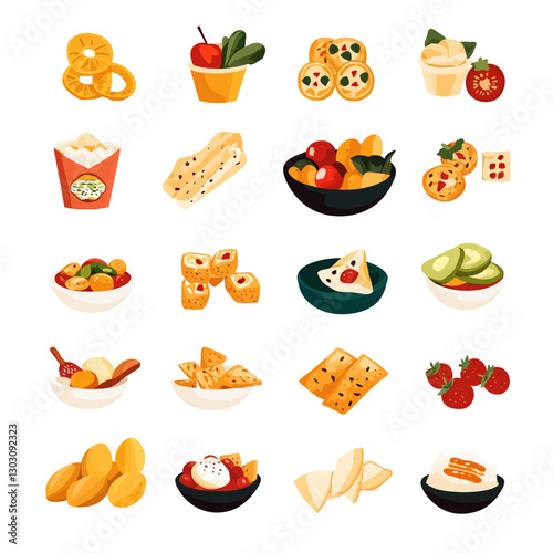 Assorted food flat vector icon set illustration on white background