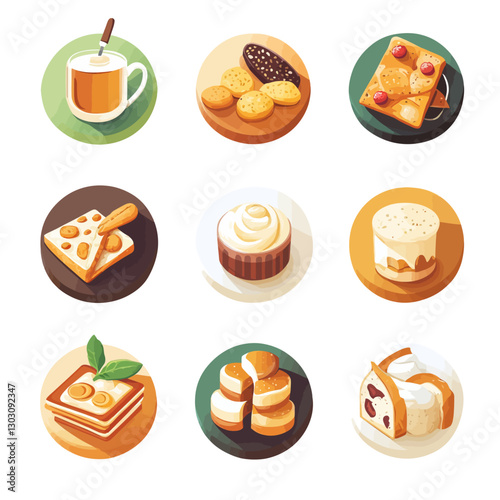 Assorted pastries and coffee illustration on pastel color circles, food icon