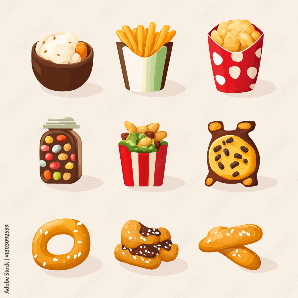 Cartoon food icons with ice cream, fries, popcorn, donut, and dessert Cartoon food icons with ice cream, fries, popcorn, donut, and dessert