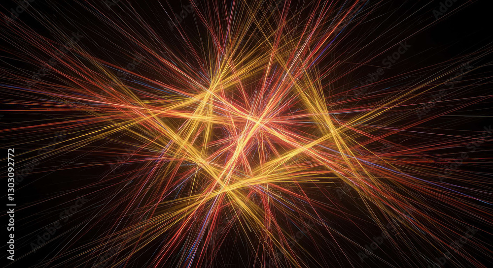 Abstract Fractal Art Intertwined Golden Red and Blue Light Streaks on Black Background Abstract Fractal Art Intertwined Golden Red and Blue Light Streaks on Black Background