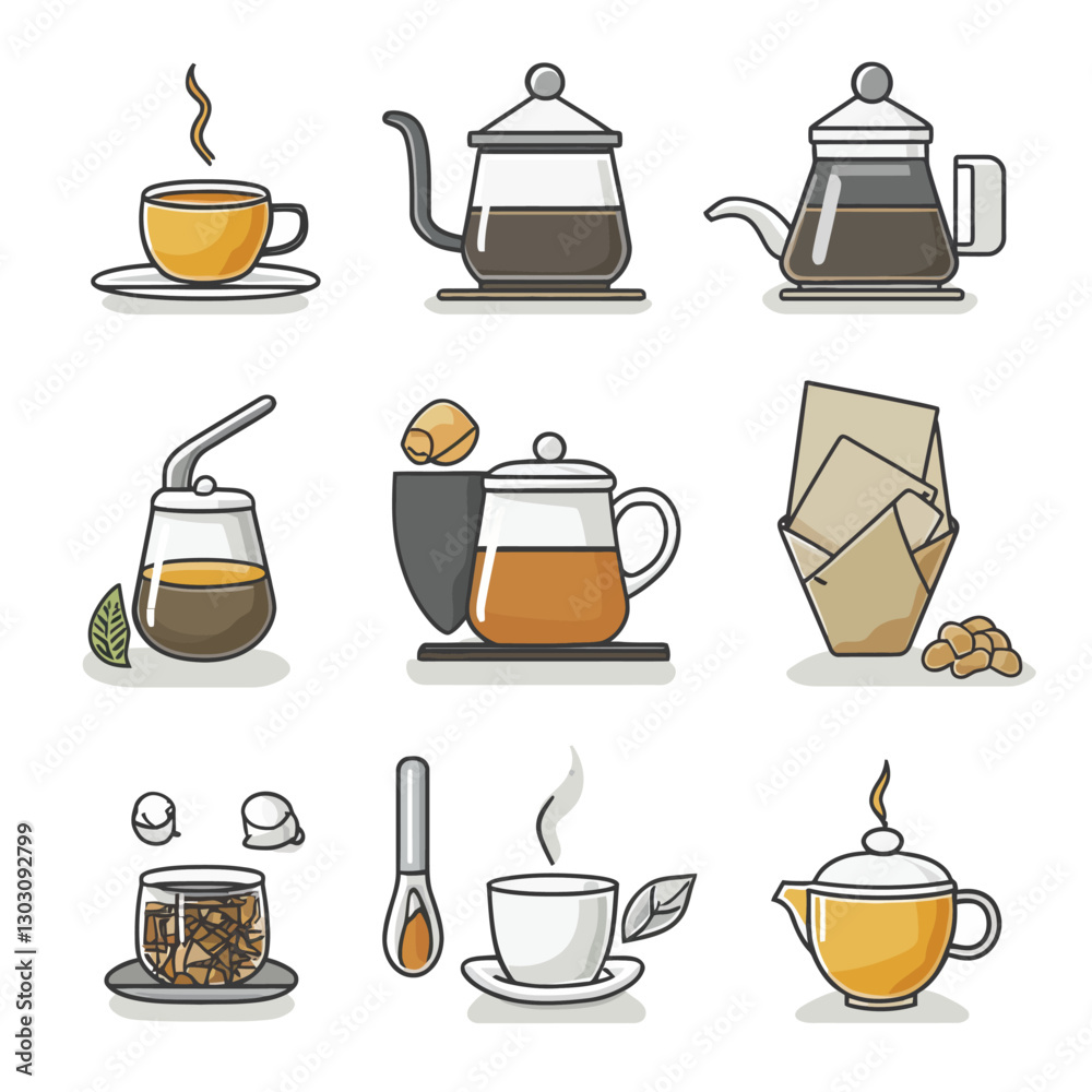 Various tea and coffee brewing methods and paraphernalia in vector design