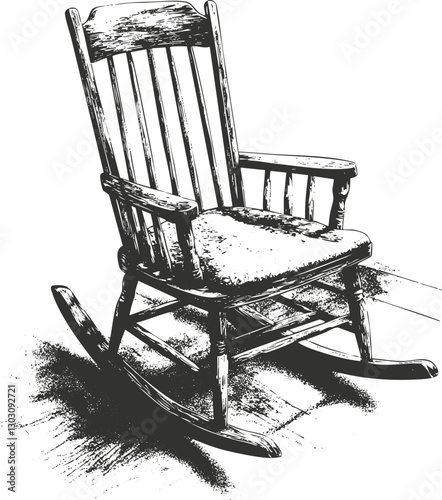 Black and white illustration of a vintage wooden rocking chair.