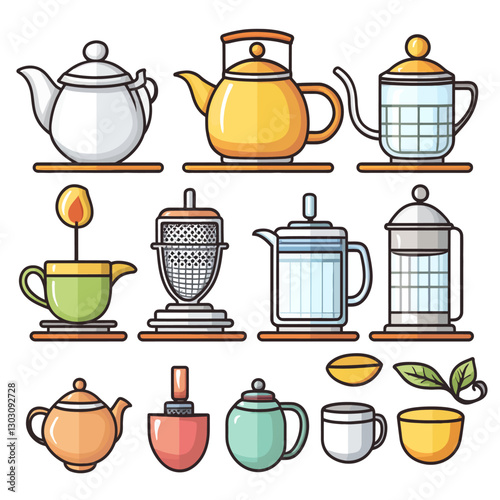 Colorful Tea Set Collection: Teapots, Infuser, French Press, and Tea Cup