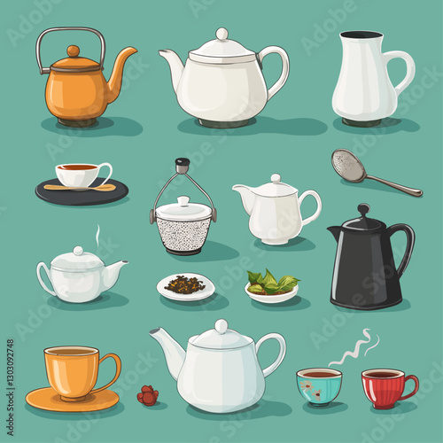 Teapots and Teacups Collection Illustration on Teal Background, Tea Time