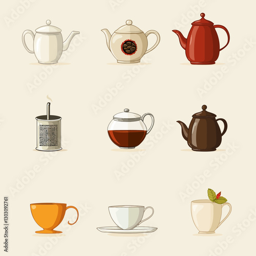 Assorted teapots and tea cups for tea time ceremony and enjoyment