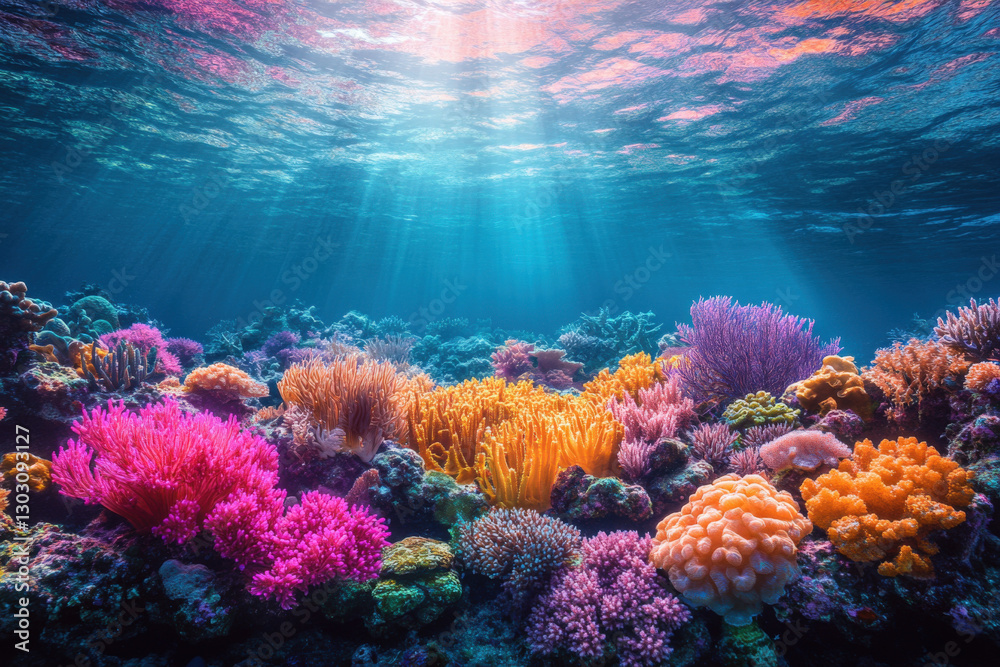 Naklejka premium Underwater coral reefs showcase vibrant colors and diverse marine life, lit by sunlight
