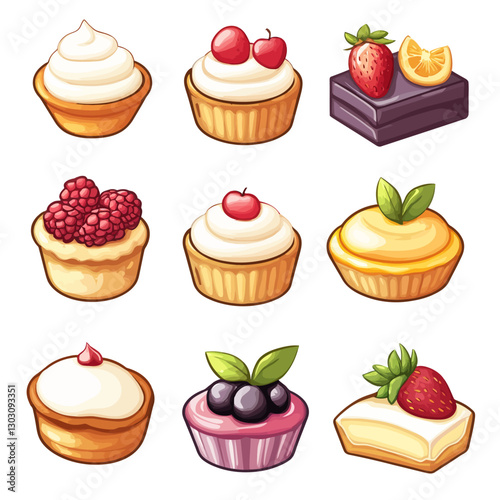 Cartoon assortment of fruit tarts and mini cakes on a white backdrop