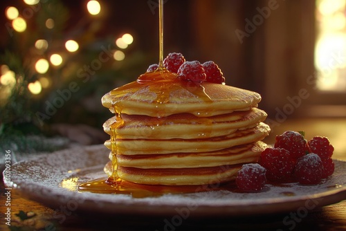Fluffy Pancakes with Honey and Fresh Berries, A stack of fluffy pancakes with honey drizzled over the top and fresh berries on the side, healthy dessert, pancakes, honey