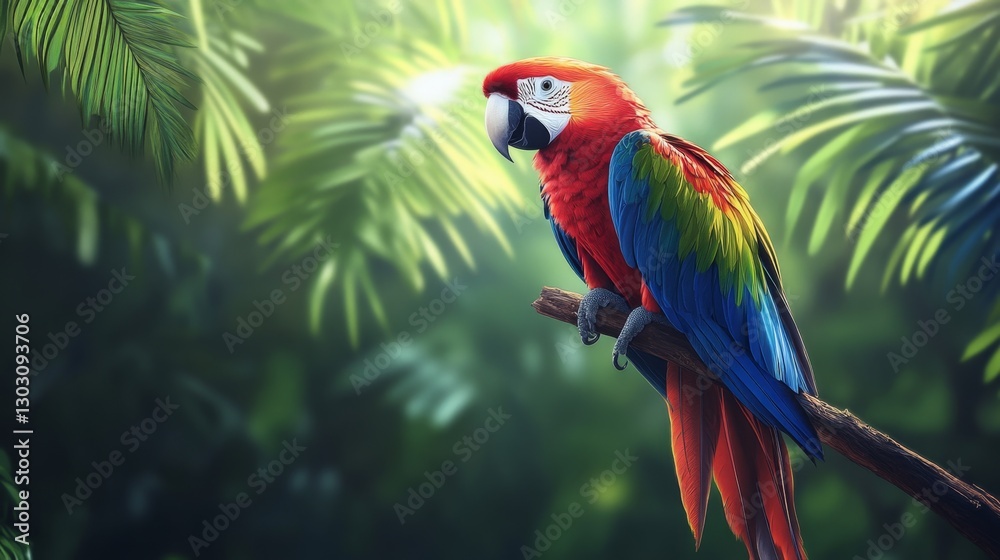 Obraz premium Parrot perched on a branch with vibrant feathers, tropical background, realistic and colorful