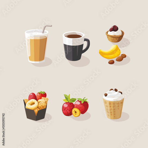 Food Illustration featuring Coffee, Juice, Pastries and Fresh Fruits