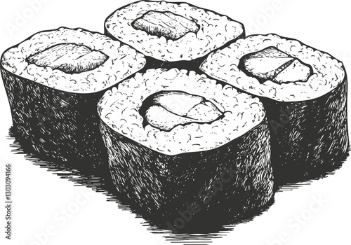 Hand-drawn illustration of sushi rolls in black and white.