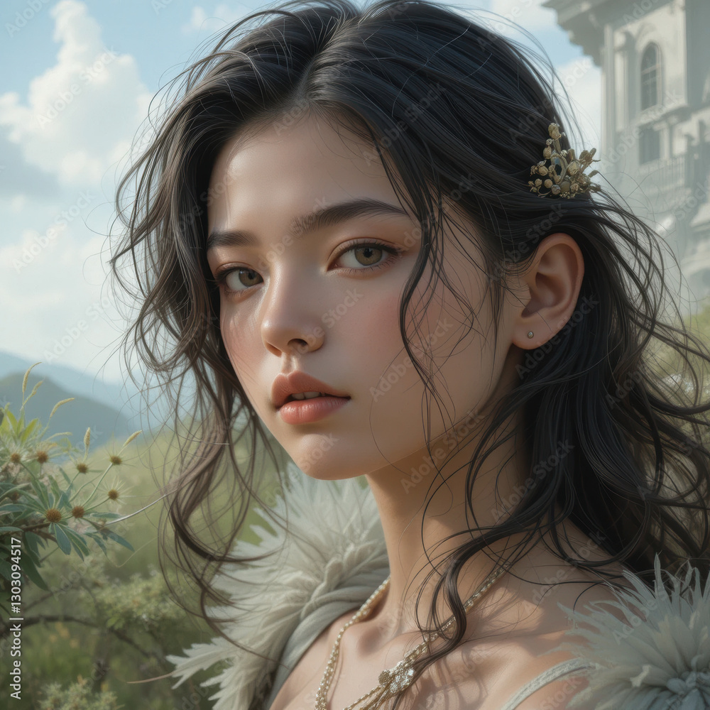 Young woman with flowing dark hair gazes intently, her eyes filled with quiet contemplation, creating timeless atmosphere Young woman with flowing dark hair gazes intently, her eyes filled with quiet contemplation, creating timeless atmosphere