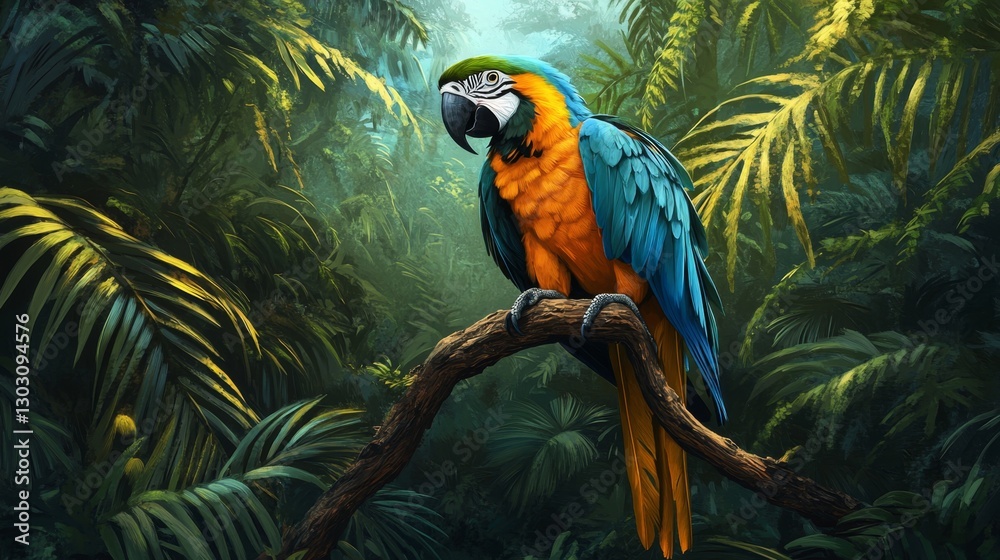 Obraz premium Parrot perched on a branch with vibrant feathers, tropical background, realistic and colorful