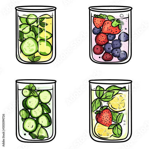 Detox drinks assortment with cucumber, strawberry, lemon and blueberries