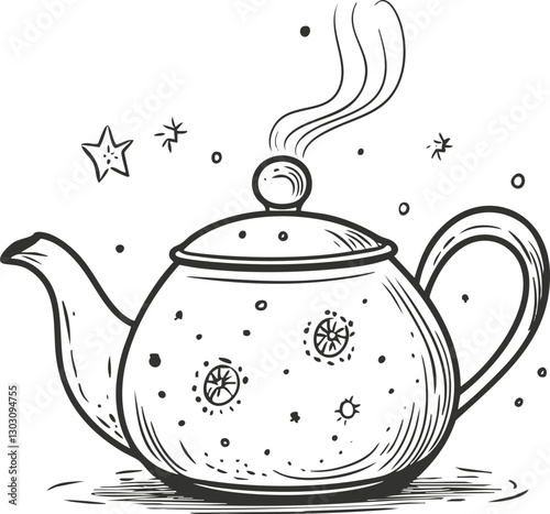 Vintage black and white teapot illustration with stars and steam.