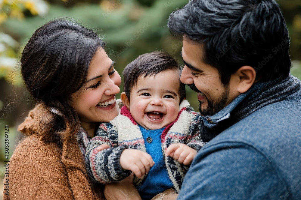 Joyful family moment captured in nature, showcasing the infectious laughter of a baby nestled between loving parents. Joyful family moment captured in nature, showcasing the infectious laughter of a baby nestled between loving parents.