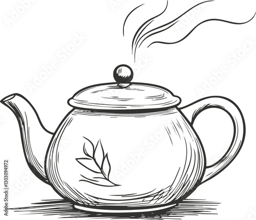 Black and white sketch of a steaming teapot with leaf design.