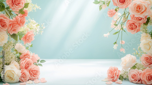 beautiful studio backdrop featuring pink and white roses, creating romantic atmosphere with soft lighting and delicate floral arrangements. Perfect for events and photography