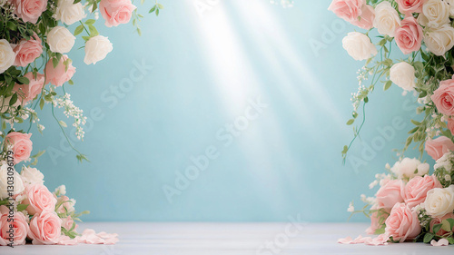serene studio backdrop featuring pink and white roses, illuminated by soft rays of light. This elegant setting is perfect for photography or events, creating romantic atmosphere
