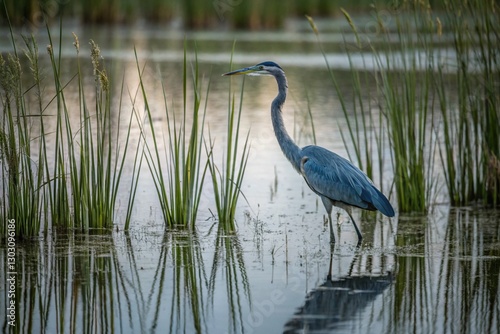 Behold resplendent grace of azure heron, poised amidst verdant marsh, its elongated limbs mirroring slender reeds and tranquil waters, while exuding an aura of serene contemplation that permeates this