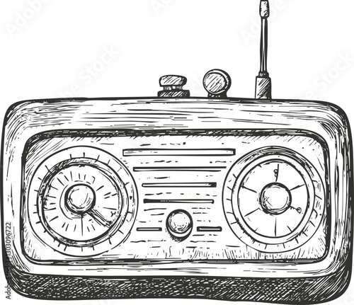 Vintage radio sketch with dials and antenna in black and white.