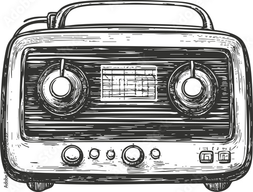 Vintage radio illustration with detailed black and white sketch design.