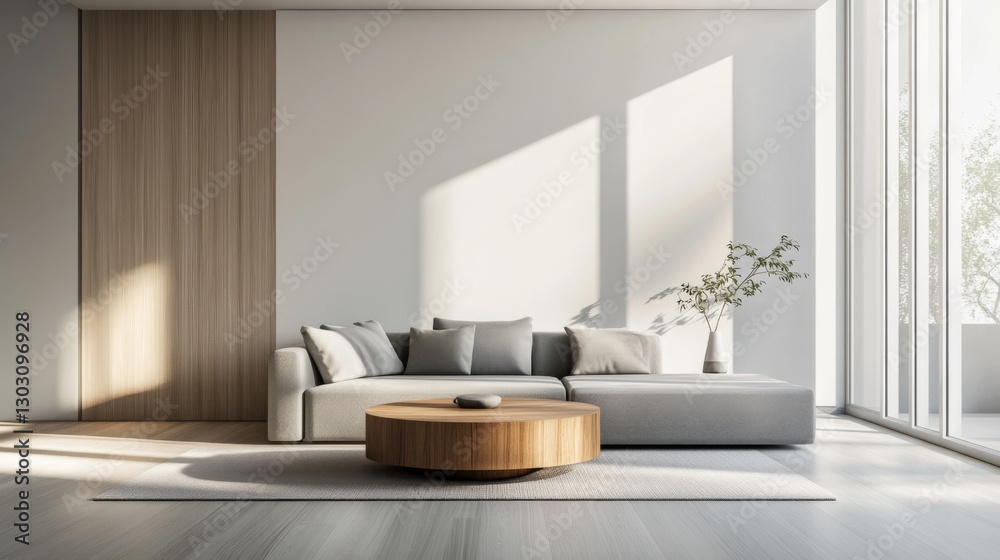 A modern minimalist living room with a sleek gray sofa, wooden coffee table, and soft natural lighting. A modern minimalist living room with a sleek gray sofa, wooden coffee table, and soft natural lighting.