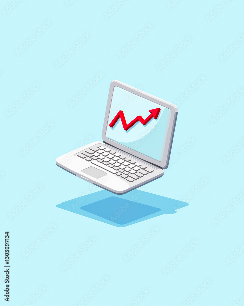 isometric of a laptop displaying an upward trending graph isometric of a laptop displaying an upward trending graph