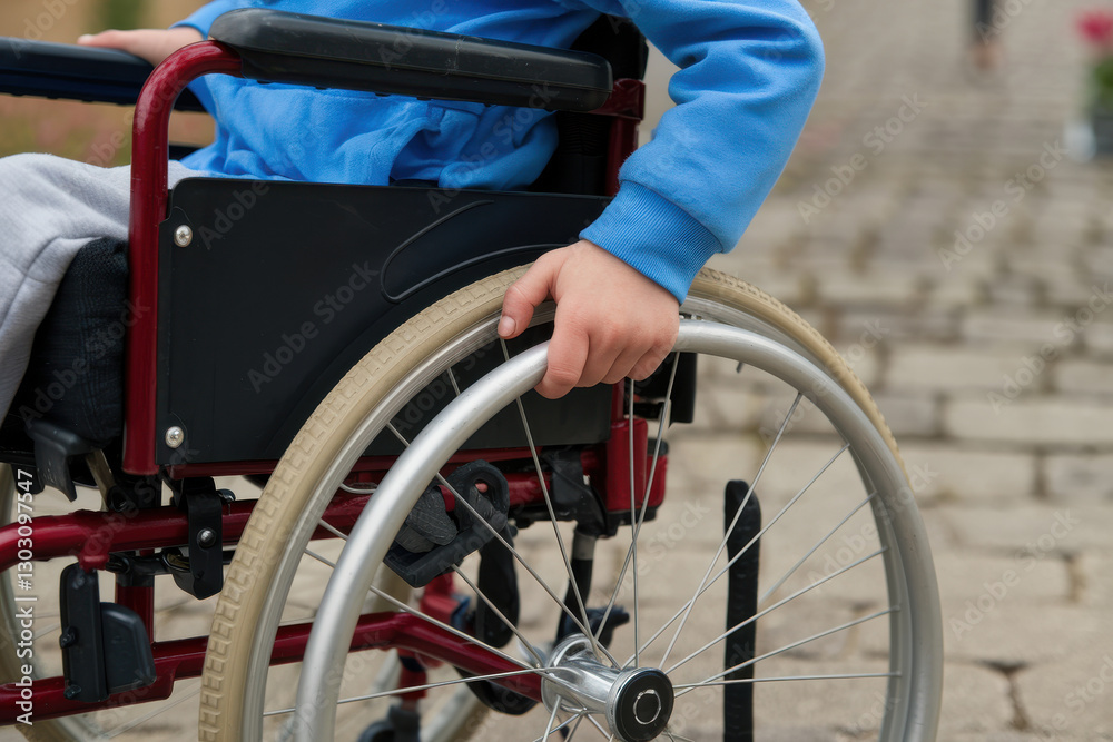 A close up of a child’s hand gripping the wheel of a wheelchair while wearing a blue hoodie, moving on a cobblestone path outdoors. A close up of a child’s hand gripping the wheel of a wheelchair while wearing a blue hoodie, moving on a cobblestone path outdoors.