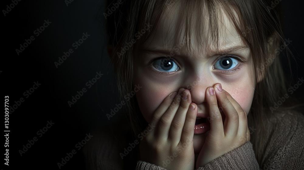 Portrait in the dark of a young scared sad girl and upset hands on the mouth in the dark backround in the profile Portrait in the dark of a young scared sad girl and upset hands on the mouth in the dark backround in the profile