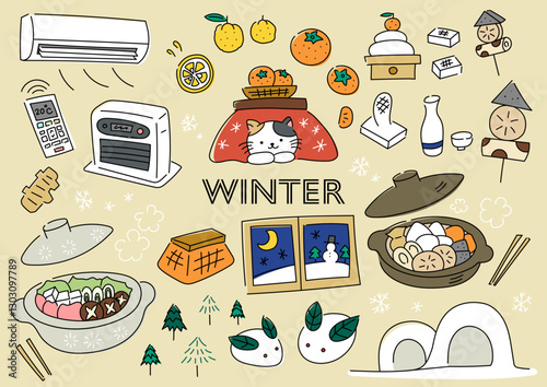 冬のものを集めた手描きイラストセット