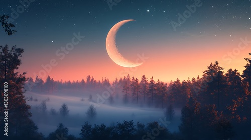 A glowing crescent moon rising above a foggy forest under a twilight sky