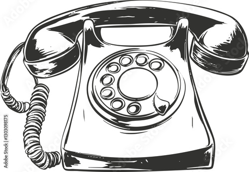 Vintage rotary telephone illustration in black and white line art.